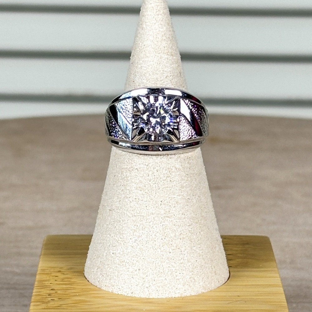 Vintage Art Deco Silver 14K HGE Cubic Zirconia Mens Statement Ring Size 7.5